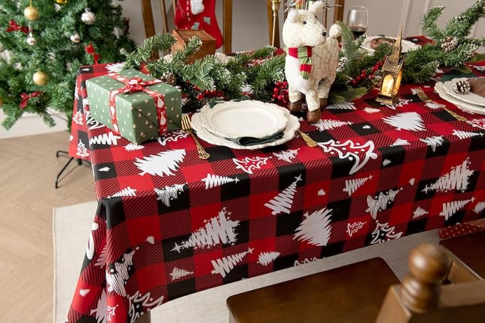 Gingham Xmas Tablecloth Fabric - Oblong 58x120 Water Resistant Christmas Tree Plaid Table Cloth for Indoor/Outdoor Use - Red Tabletop Cover Perfect for Birthday, Picnics, Gardens