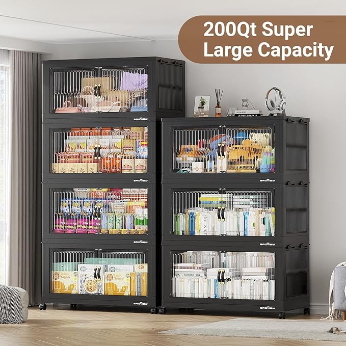 BROVIEW 800Qt Extra Large Stackable Storage Bins with Lid, Closet Organizer Collapsible Drawer Boxes with Wheels, Folding Plastic Cabinet Containers for Home Kitchen Room Organization, 4Pack Black
