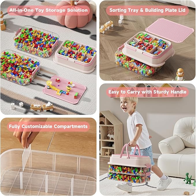 Toy Storage Organizer Box with Handle, Stackable Building Block Toy Box with Building Plate Lid & Removable Sorting Trays, Cubby Bins and Containers 1 Layer (Pink)