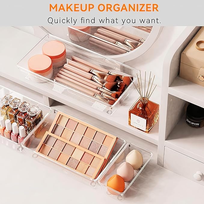 8-Pack Clear Plastic Drawer Organizer Trays – Large Dividers for Kitchen Gadgets, Bathroom Storage, Makeup & Vanity Accessories – Multi-Use Home Essentials for Organized Living