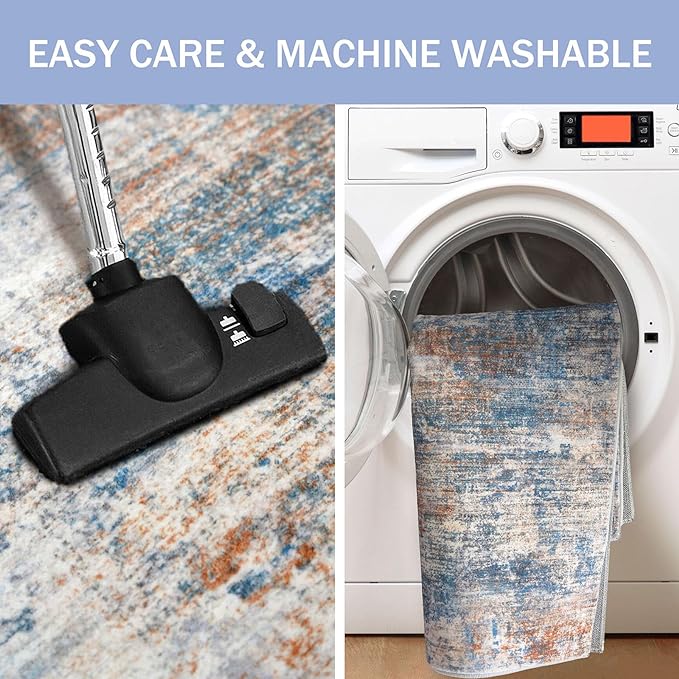 IOHOUZE Abstract Runner Rug 2x12 Ft Washable Runners for Hallways, Non Slip Kitchen Runner Printed Faux Wool Entryway Runner Indoor, Modern Abstract Floor Carpet for Hall Kitchen, Blue Rust