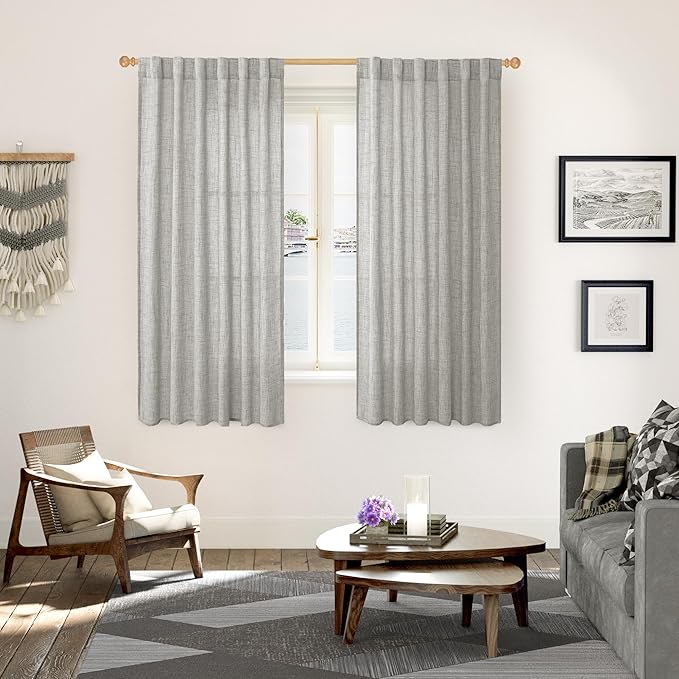 YoungsTex Dark Grey Linen Curtains 63 Inch Length 2 Panels for Living Room, Light Filtering Semi Sheer Drapes Back Tab/Rod Pocket for Bedroom Country Lightweight Window Treatments, 52 X 63 Inch
