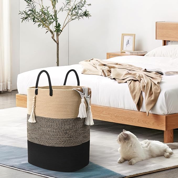 Woven Laundry Basket for Clothes, 80 L Large Rectangle Laundry Hampers with Beads Tassel, Nursery Storage Basket for Toys, Tall Dirty Clothes Hamper for Bedroom Aesthetic, Laundry Room Organization