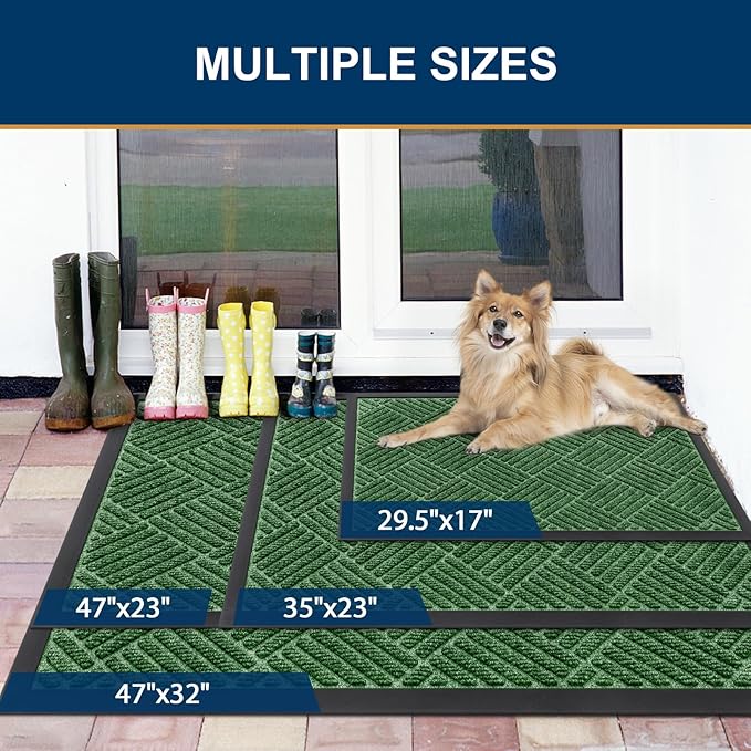 Smiry Front Door Mat Outside Entrance, Heavy Duty Outdoor Indoor Natural Rubber Doormat, Non Slip, Trap Dirt and Moisture, Easy Clean, Low Profile Patio Porch Entryway Mat, 59x35, Green