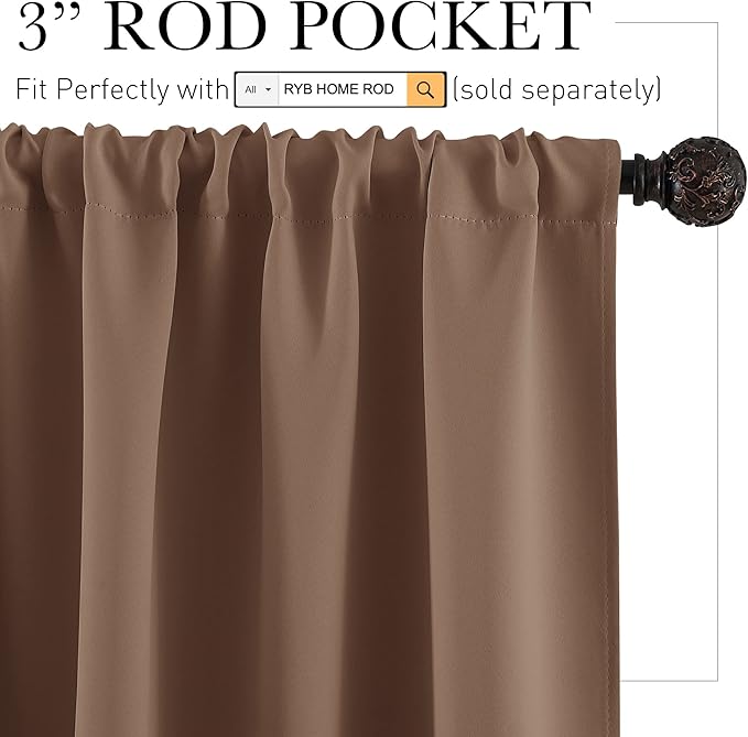 RYB HOME Small Window Curtains with Rod Pocket Design, Blackout Privacy Curtains Drapes Energy Efficient Covering for Closet Pantry, W 34 x L 45 inches, 2 Panels,Mocha