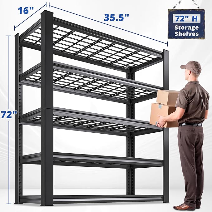 REIBII 3010LBS Storage Shelves 72" H Garage Shelving Heavy Duty Metal Shelving 5 Tier Adjustable Metal Shelves for Storage for Kitchen Pantry Warehouse Basement 72" H x 35.5" W x 16" D, Black