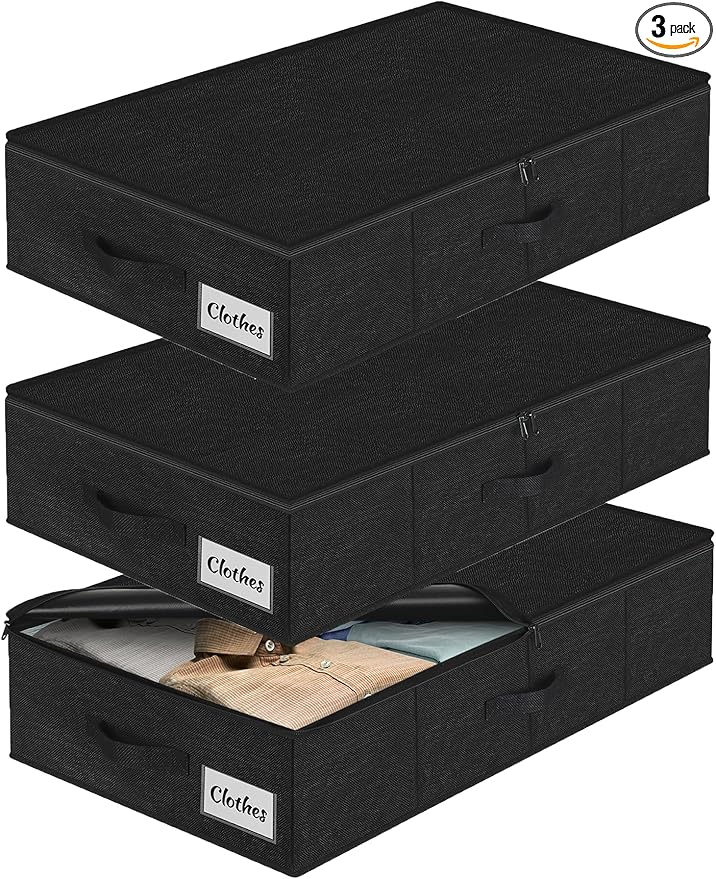 Under Bed Storage Container Bin 3 Pack, Low Profile Foldable Underbed Clothes Storage Organizer W/ Ultra Thick Fabric and Sturdy Bottom/Sides, Dual Zipper Storage Box for Dorm and Home 30x16x6.7"