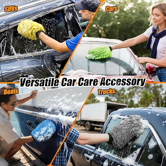 Car Wash Mitt Microfiber, Premium Chenille Microfiber Wash Car Mitts Sponge Scratch Free & Lint-Free, Mitts Waterproof Lining 4 Pack Blue (8''X12'')