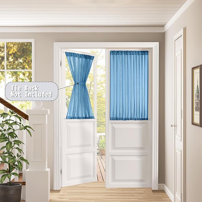 Tollpiz Small Sheer Door Curtain Closet Linen Textured Curtain Sheers Doorway Light Filtering Voile French Door Rod Pocket Curtains Patio Glass Door, 25 x 40 inches Long, Classic Blue, Set of 1 Panel