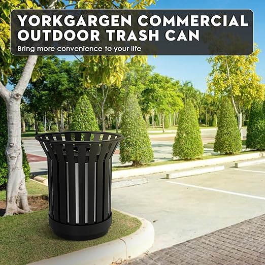 16Gallon/62L Commercial Outdoor & Indoor Metal Trash Can, Outdoor Slatted Trash Receptacle with Metal Linner, All Weather Resistant Large Outside Zone Round Garbage Bin for Street, Park, School-Black
