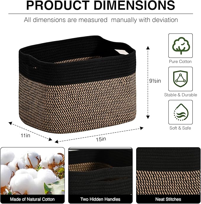 Woven Cotton Rope Storage Basket for Organizing, Cute Decorative Baskets for Gifts Empty, Organizer Bins for Dog Toy, Baby Laundry, 15“×11”×9.5“, Jute & Black