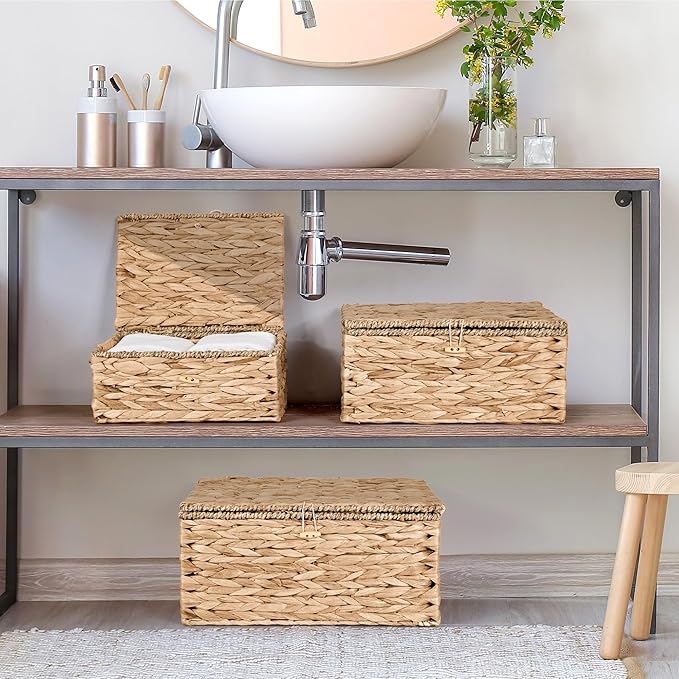 Wicker Storage Baskets with Lids and Handles, Hand Woven Rattan Storage Bins Box, Set 3 Natural Water Hyacinth Decorative Large Small Basket Container for Shelves, Bathroom Organizing