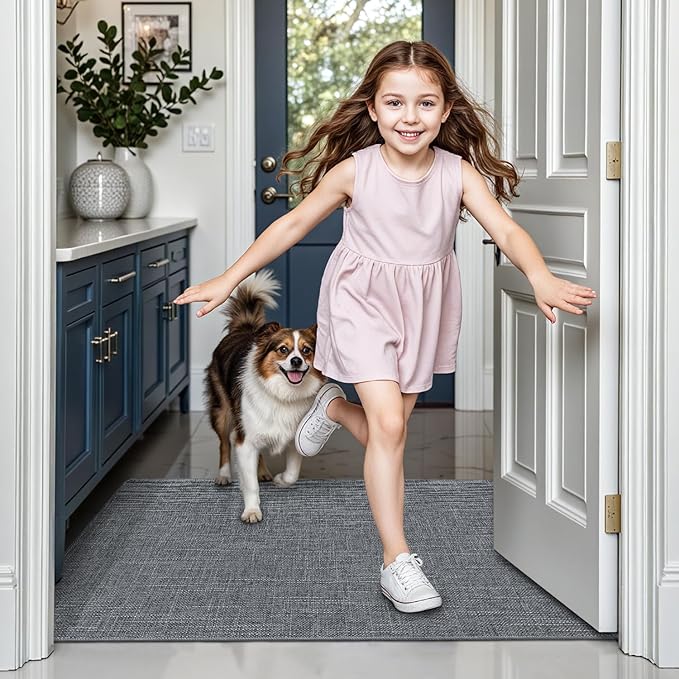 LUMI Ultra Thin Door Mat for Entryway, Low Profile Non Slip Rubber Backing Indoor Doormat, Easy Clean Welcome Entrance Mat for Inside House, Patio, Dark Grey 24"x36"