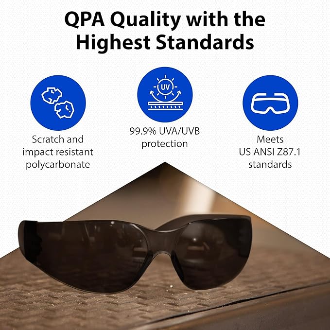 Quest Protective Apparel Safety Glasses for Men and Women - Anti Fog Safety Goggles for Shooting, Lab, or Construction – Polycarbonate Eye Protection [Smoke & Pack of 144 Pairs]