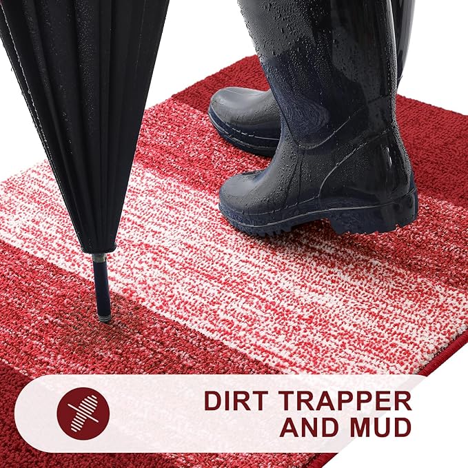 Kitinjoy Indoor Outdoor Door Mat, 30x17 Non-Slip Absorbent Dirt Trapper, Low-Profile Washable Inside Entrance Front Floor Mat, Sturdy Soft Entry Doormats for Entryway, Burgundy