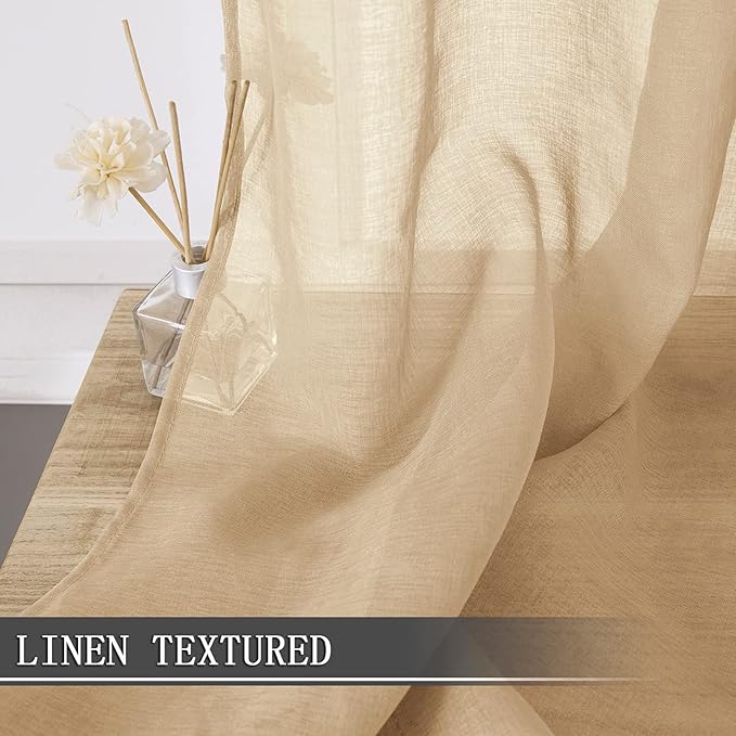 Tollpiz Sheer Curtains Bedroom Linen Textured Curtain Sheers Light Filtering Voile Rod Pocket Curtains for Living Room, 38 x 84 inches Long, Beige, Set of 2 Panels