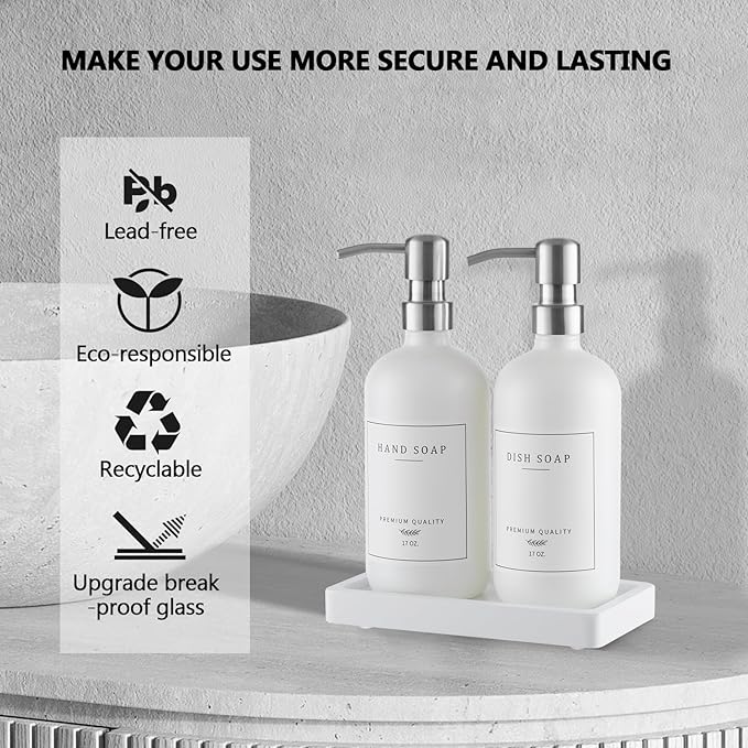 Thick Glass Soap Dispenser - Kitchen Dish Hand Soap Dispenser Set, Rustproof Pump Soap Lotion Dispenser Bathroom with Tray,14 Stickers for Kitchen Decor White Bottle/Silver Pump