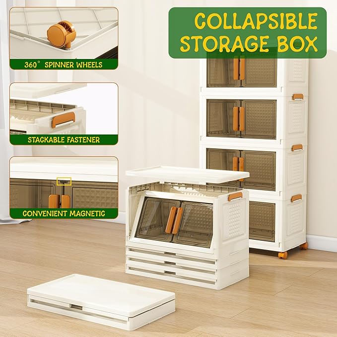 4 Tier Stackable Plastic Storage Bins with 1 Lid 45 QT/Tier, Collapsible Plastic Box Storage Bin with Wheels, Home Containers Boxes Closet Organizers for Living Room, Office, Dorm