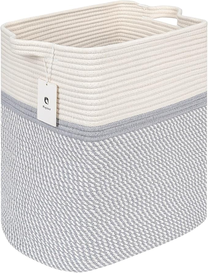 Storage Baskets for Clothes Fabric Cotton Rope Storage Basket with Handles, Decorative Woven Basket for Living Room,Closet Organizer Blankets, and 2bags (White/Gray, L17.8×W12.5×H17.9)