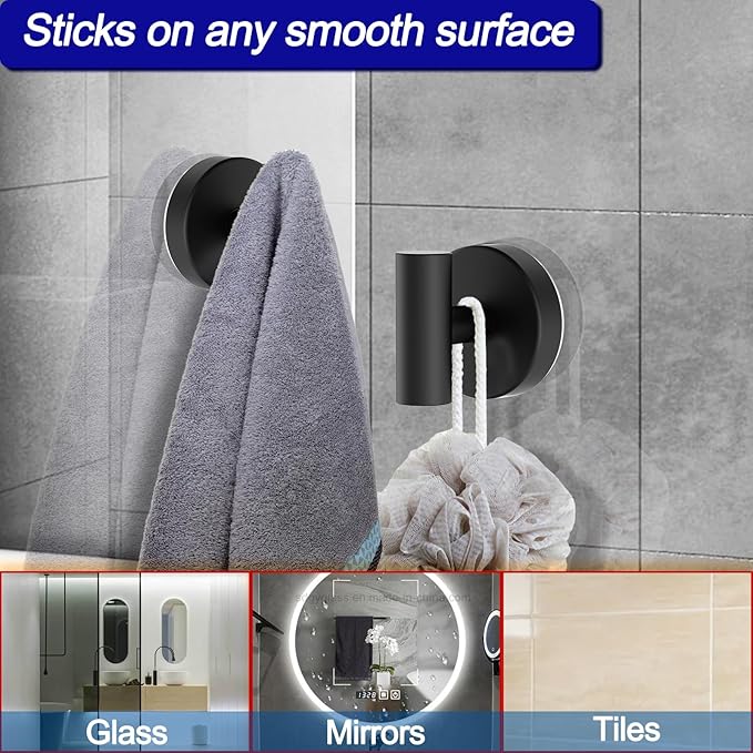 Suction Cup Hooks, Shower Hooks for Inside Shower – Removable Towel Hooks for Bathroom Window Glass Mirror Tile, Bath Robe Looafh Hook for Hanging – Waterproof & Rustproof, Black (4 Pack)
