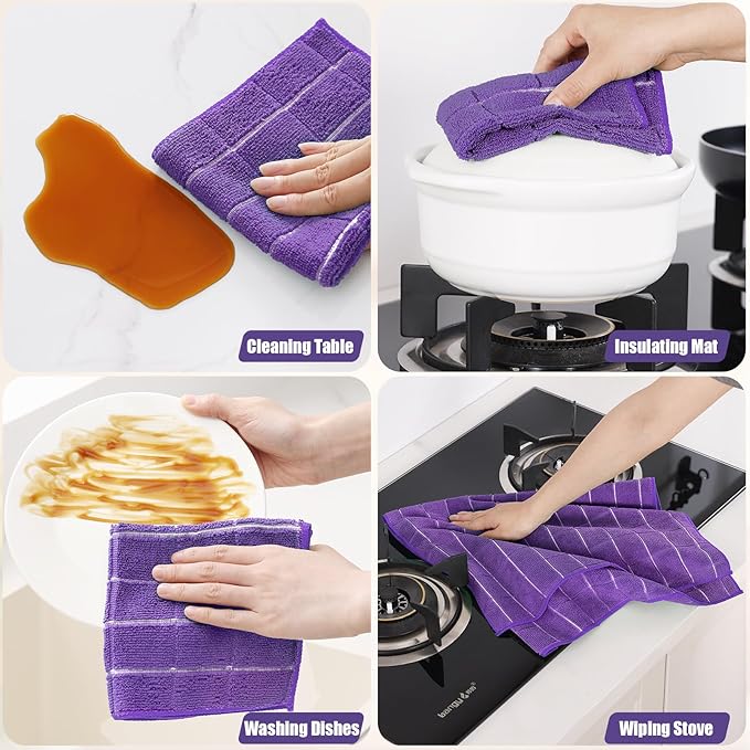 Homaxy Microfiber Kitchen Towels and Dishcloths Set, 12 Pack Soft and Absorbent Dish Hand Towels Bulk, 28 x 16 Inch & 12 x 12 Inch Quick Drying Rags for Washing Dishes, Purple
