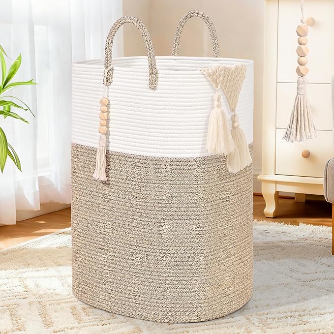 65L Woven Laundry Basket for Clothes, Large Rectangle Laundry Hampers with Beads Tassel, Nursery Storage Basket for Toys, Tall Dirty Clothes Hamper for Bedroom Aesthetic, Laundry Room Organization