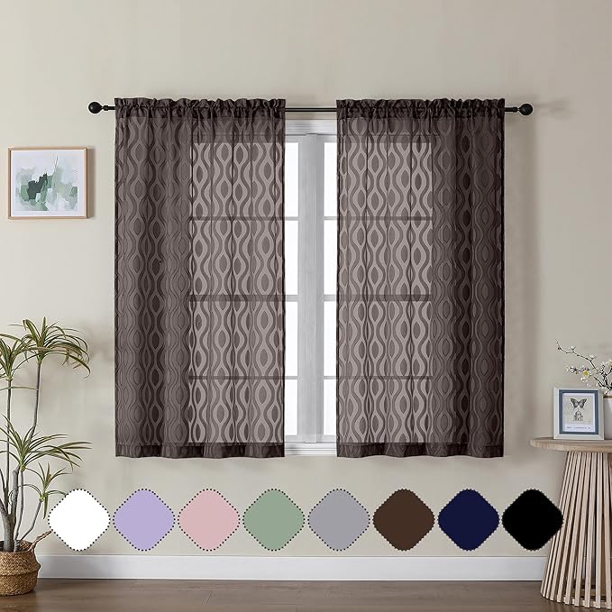 Aiyufeng Sheer Brown Curtains 45 Inch Length 2 Panels Set, Farmhouse Clip Jacquard Textured Short Sheer Curtains, Lightweight Chic Wavy Line Window Curtain Panels for Bedroom, 40" Wx45 L Inches