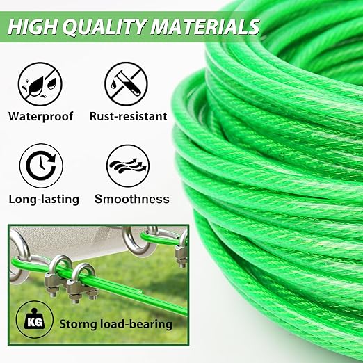 3/16" Wire Rope, 100 Ft PVC Coated Wire Cable Metal Steel Cable Trellis Kit, Multi-use Clothes Line Cable for T Post/Climbing Grapevines Plants Outdoor/String Light Hanging Kit