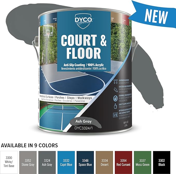 DYCO Court & Floor Anti-Slip Coating - Slip-Resistant Pavement, Cement & Concrete Paint for Pickleball, Tennis & Basketball Courts, Exceeds ADA Standards for Safety Areas (Ash Gray, 1 Gallon)