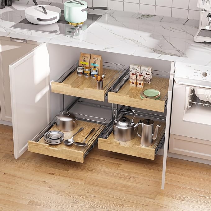 Pull Out Cabinet Organizer,Heavy-Duty Slide Out Shelf, Wood and Wire Basket, Pull Out Drawer for for Kitchen Under Sink Space, Pantry, Bathroom, 2 Tie 20 * 21 in