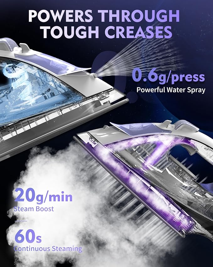 Cordless Iron for Clothes, 1550W 2-In-1 Cordless/Corded Steam Iron Rapid Heating, Ceramic Soleplate, 3-Way Auto-Off, Self-Cleaning, 12.85oz Water Tank Ironing Clothes for Home, Purple