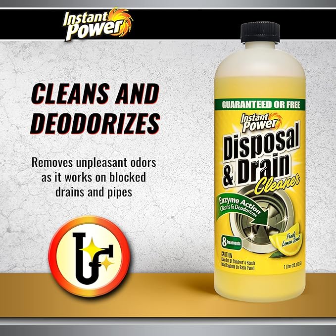Instant Power Disposal and Drain Cleaner – Liquid Enzyme Clog Remover, Cleans and Deodorizes, Removes Drain Blockages, Fresh Lemon Scent, 33.8 Fl oz, 1 Liter
