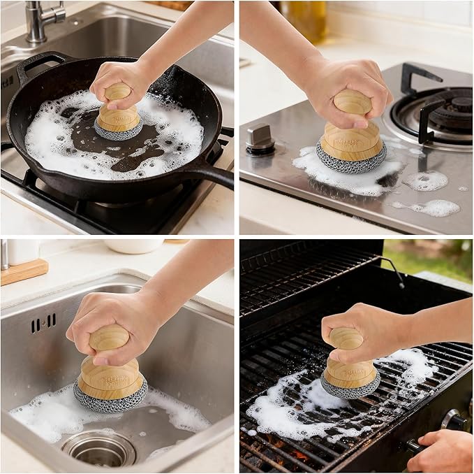 Cast Iron Scrubber and Scraper,Chain Mail Cleaner with Bamboo Handle & Draining Tray,316 Stainless Steel Brush for Cleaning Pots,Pans,Wok,Bakeware,Griddles, Grills(Small Chainmail,2pcs)