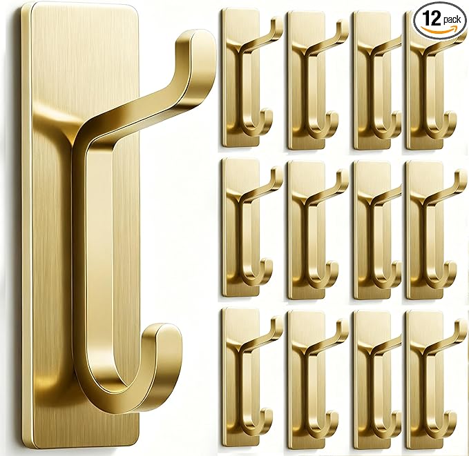 pickpiff Wall Hooks for Coat and Towel: 13LB Adhesive Door Hanger Stick on, Brushed Gold