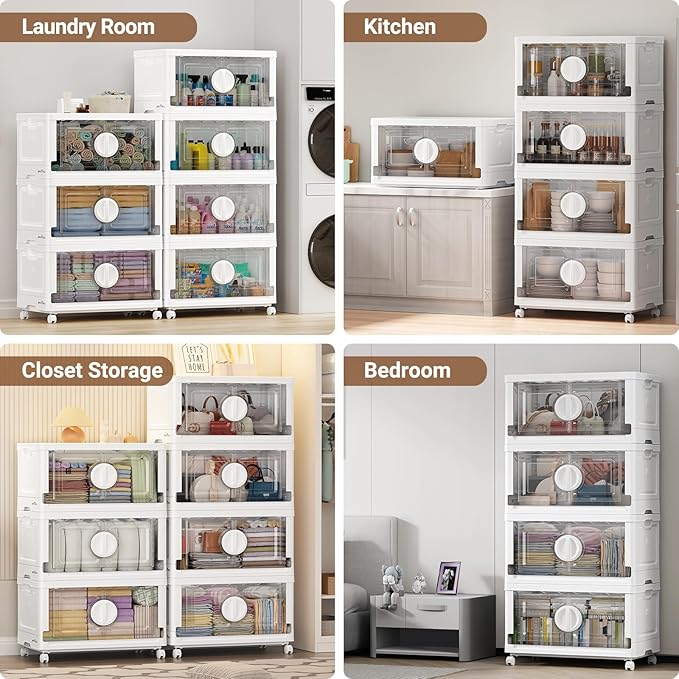 BROVIEW 360Qt Lockable Stackable Storage Bins with Lids, Closet Organizers and Storage Drawer, Collapsible Storage Bin with Wheels, Plastic Cabinet for Toy Clothes Dorm Organizer, V9 3 Pack White