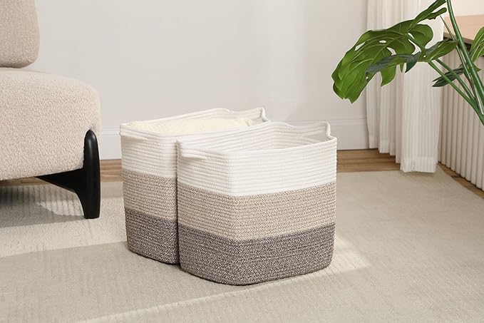 Tall Storage Bins for Clothes Fabric Cotton Rope Storage Baskets with Handles, Decorative Woven Basket for Living Room,Closet Organizer Blankets, and 2bags (Gradient Brown, L16×W11.4×H15.9)