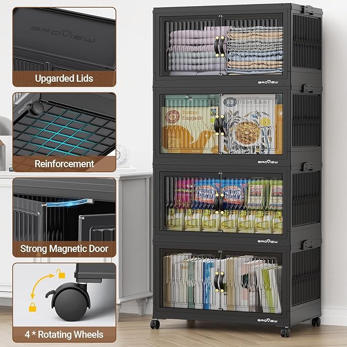 BROVIEW 480Qt Stackable Storage Bins with 4 Lids, Extra Large Closet Organizer Collapsible Drawer Boxes with Wheels, Folding Plastic Cabinet Containers for Home Kitchen Room Organization, 4Pack Black