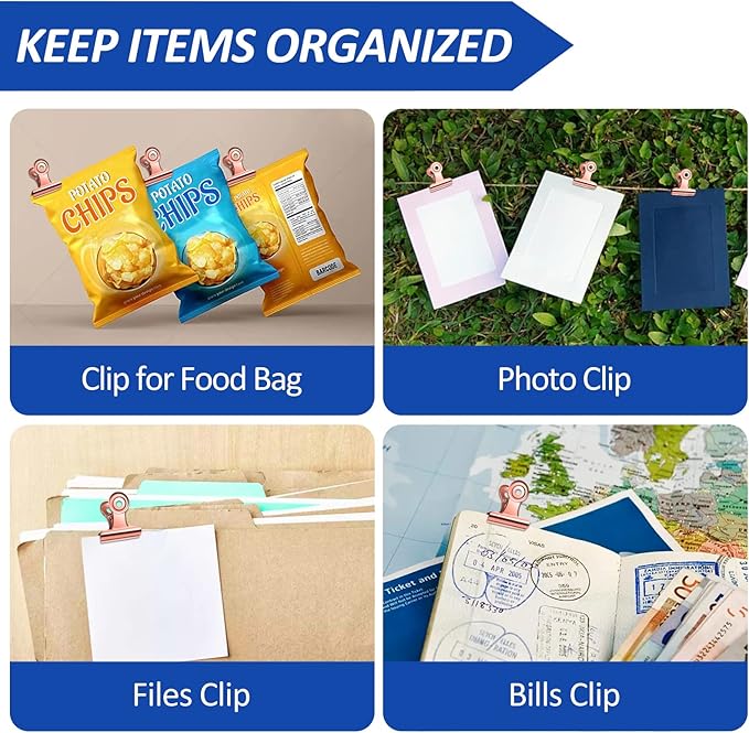 30 Pack Small Bull Clips 0.87 Inch Mini Metal Hinge Clips Binder Paper Hinge Clip for Office, Home, School, Shops, Rose Gold, 22mm