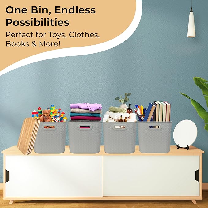 Storage Bins with Bamboo Lid – Stackable, Multi-Purpose Organizers for Pantry, Closet, Kitchen, and Home – Elegant Wicker-Style Design with Ergonomic Handles (Cream)