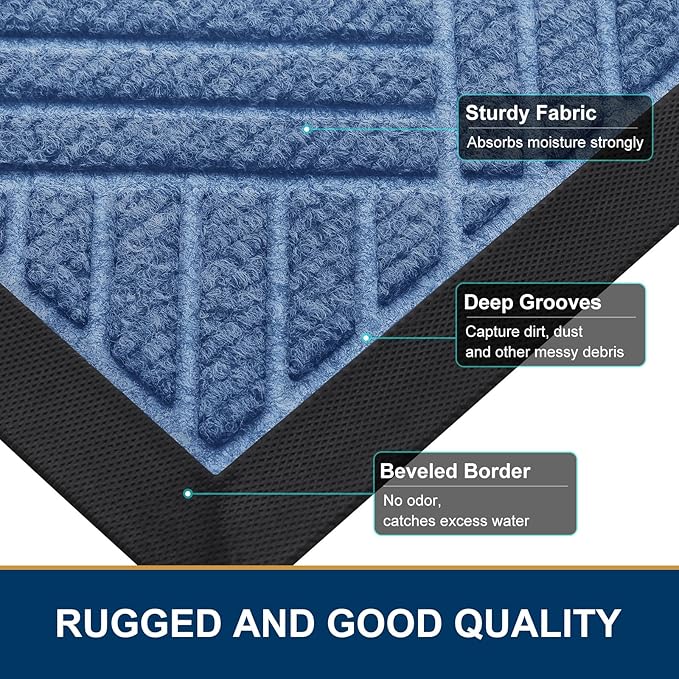 Smiry Front Door Mat Outside Entrance, Heavy Duty Outdoor Indoor Natural Rubber Doormat, Non Slip, Trap Dirt and Moisture, Easy Clean, Low Profile Patio Porch Entryway Mat, 35x23, Blue