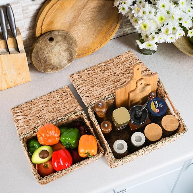 Wicker Storage Baskets with Lids and Handles, Hand Woven Rattan Storage Bins Box, Set 3 Natural Water Hyacinth Decorative Large Small Basket Container for Shelves, Bathroom Organizing