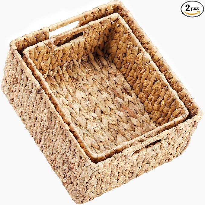 HOONEX Water Hyacinth Storage Baskets, Wicker Baskets for Organizing, Hand Woven Baskets with Carry Handles, Set of 2, Natural