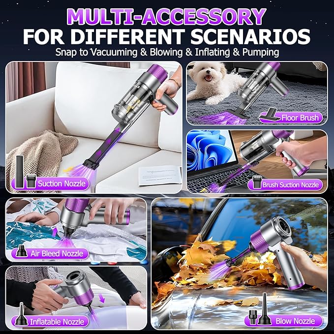 EYYA Handheld Car Vacuum Cleaner Cordless, 16000PA Powerful Hand Held Vacuum Cordless Rechargeable, 4-in-1 Portable Mini Vacuum & Air Duster with Multi-Nozzles and LED Light for Car Home Office