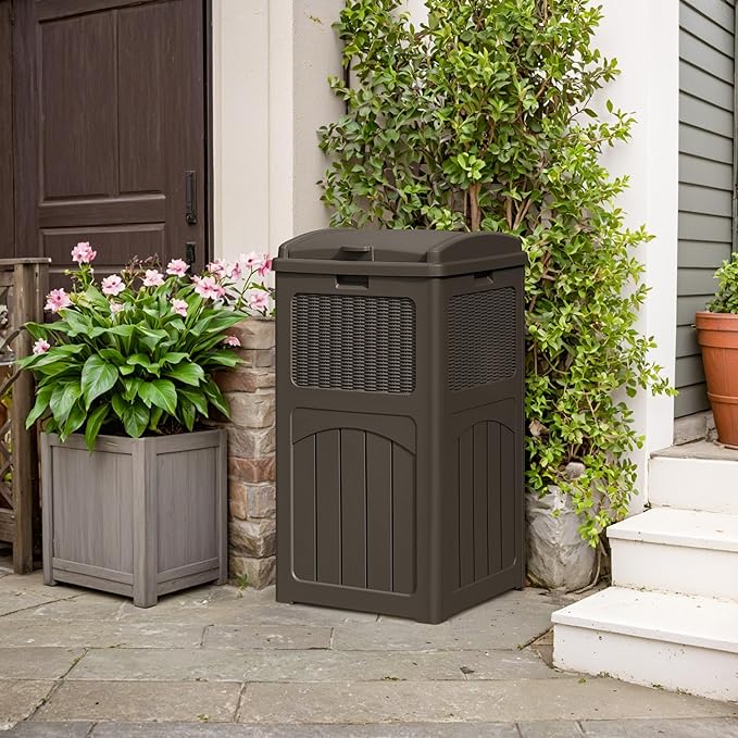 YESHOMY 2 Pack Outdoor Trash Can with Lid, Garbage Bins for Garden, Porch, Home and Kitchen, Brown