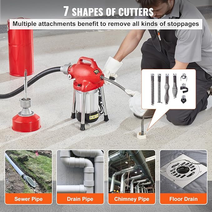 VEVOR Drain Cleaner Machine 120FT x 5/8 Inch, 370W Electric Sewer Snake Auger with 2 Sectional Steel Cables(120' x 5/8" and 23' x 3/8"), 7 Cutters and CW/CCW Control for 1.6" to 4" Pipes