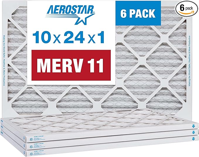 Aerostar 10x24x1 MERV 11 Pleated Air Filter, AC Furnace Air Filter, 6 Pack (Actual Size: 9 3/8" x 23 3/8" x 3/4")