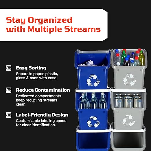 6 Gallon Stackable Recycling Bins for Homes, Garages, Offices Made of 100% Recycled Plastic - (Red, 6 Pack)