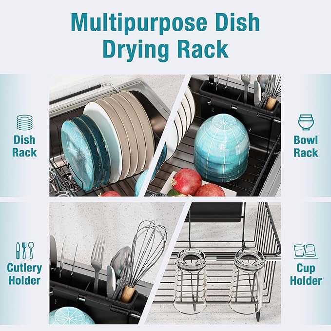 JASIWAY Dish Drying Rack in Sink, Over The Sink Colander Strainer Basket, Stainless Steel Strainer Basket with Expandable Rubber Grip Handles for Vegetables, Fruits, Home Kitchen Essentials, Black