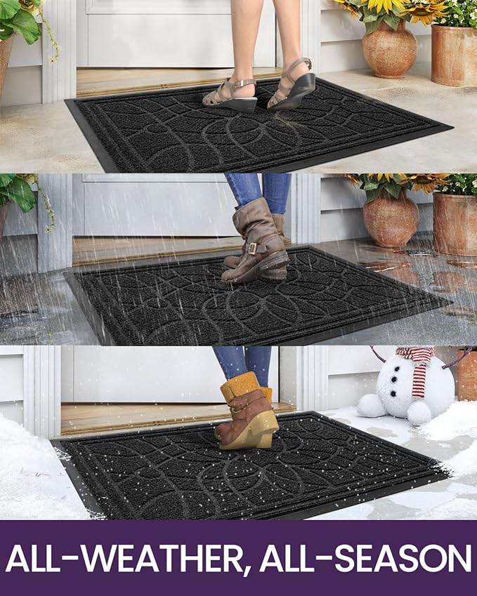 DEXI Front Door Mat Outside Entrance, Heavy Duty Non Slip Low Profile Doormat for Entryway, Trap Dirt and Moisture Welcome Mats, Easy Clean, Patio, Garage, 4x2, Black