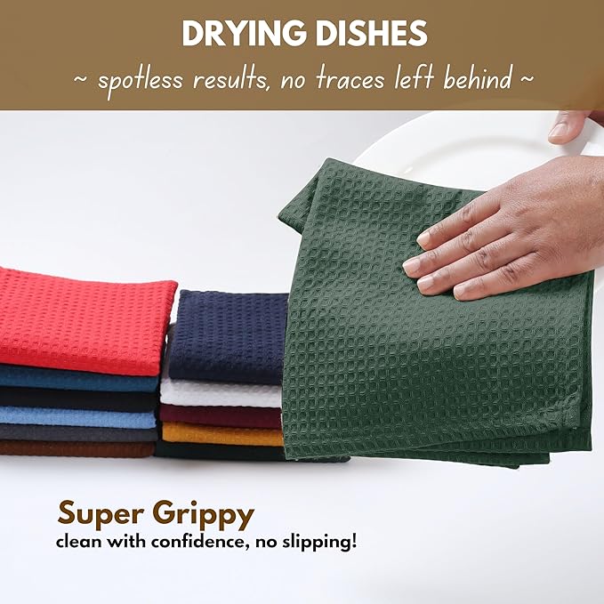 Native Fab Waffle Weave Dish Towels 12 Pack, 100% Cotton Kitchen Dishcloths with Hanging Loop, 16x26 Inches, Super Absorbent, Washable, Quick Dry for Kitchen Cleaning, Drying Dishes, Forest Green